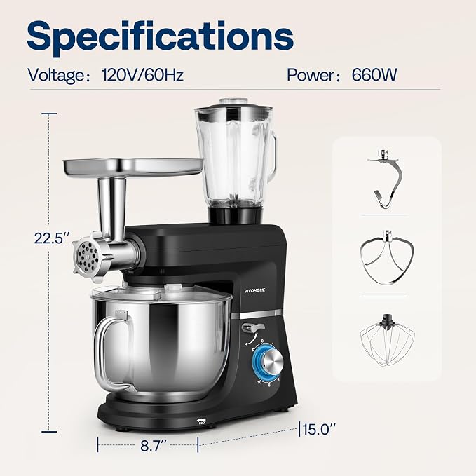 VIVOHOME 6-in-1 Stand Mixer, 8.5 Quart Electric Tilt-Head Kitchen Mixer with Bowl, Multifunctional Food Mixer for Cake, Bread, and Dough, with Meat Grinder, Blender, Pasta Maker Attachments, Black