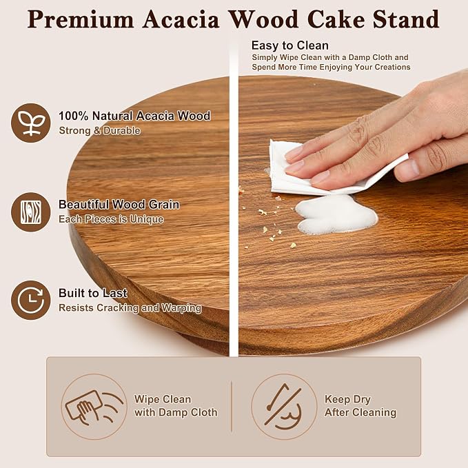 Qinzave Wooden Cake Stand, 11.4 Inch Acacia Wood Rotating Cake Turntable with Smooth 360° Rotation for Cake Decorating, Serving Cakes, Cheese and Desserts