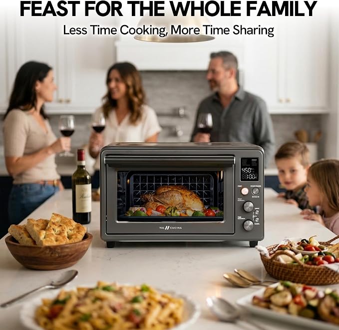 VAL CUCINA 26.3 QT Non-Toxic Enamel Interior Air Fryer Toaster Oven Combo, 10-in-1 Convection Countertop Oven with Infrared Heating, Fits 12" Pizza & 6 Slice Toast, Easy Clean Enamel Baking Pan