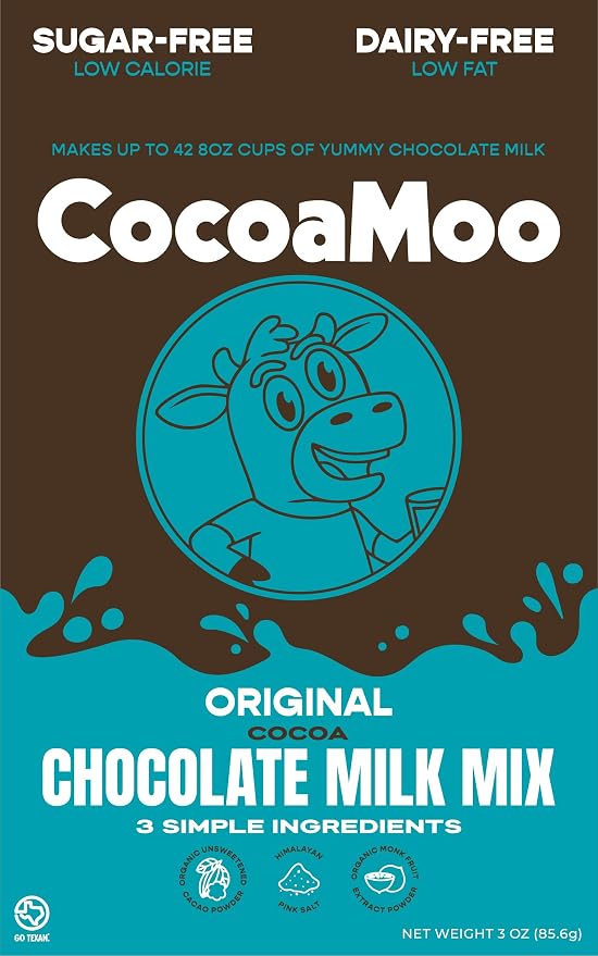 CocoaMoo Sugar-Free, Dairy-Free Original Chocolate Milk Mix, Organic Cacao Powder with Monk Fruit Extract, No Added Sugar, No Gums or Fillers, Easy to Blend Powder