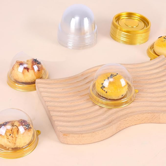50 Pcs Mini Cake Containers with Clear Dome Lids, Clear Plastic Small Desserts Cupcake Boxes for Individual Chocolate Covered Cookies, Strawberry, Mooncake,Cheesecake, Cocoa Bomb (Gold)