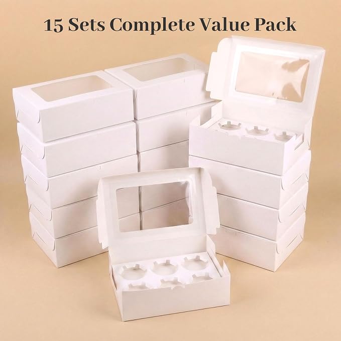 VGOODALL 6 Count White Cupcake Boxes, 15 Pack Cupcake Containers, 9.5 x 6.3 x 3 inches, Holding 90 Pastry Box for Birthday Holiday Party Bakery Supplies