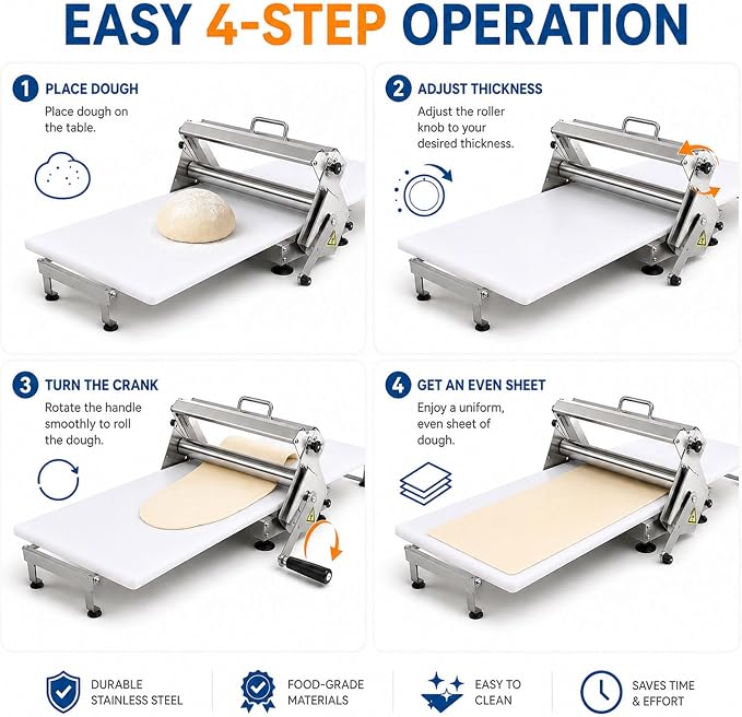 Manual Dough Sheeter Machine, Folding Stainless Steel Dough Roller, 0-25mm Adjustable Thickness, Compact Pastry Sheeter for Croissants, Pizza, Pasta, Pie Crust