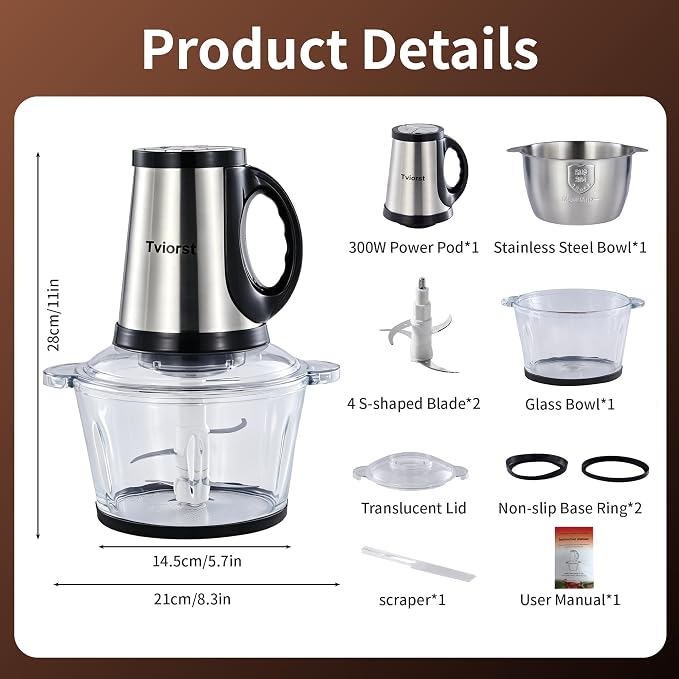 Electric Food Processor, 3-Speed Food Chopper with Meat Grinder & Vegetable Chopper - 2 Bowls (8 Cup Stainless Steel+8 Cup Glass) with Powerful 300W Copper Motor, 2 Bi-Level S Blades