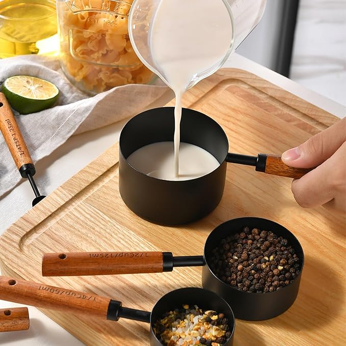 8-Piece Food-Grade Measuring Cups and Spoons Set, Nonstick Black Kitchen Measure Set with Non-Slip Wooden Handle, Engraved US & Metric Markings for Cooking & Baking