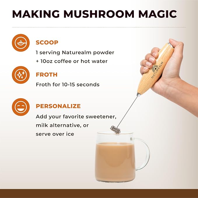 Naturealm Coffee Frother Handheld Milk Frother with Stand for Mushroom Coffee Latte Matcha Mixer Battery Operated Portable Foam Maker