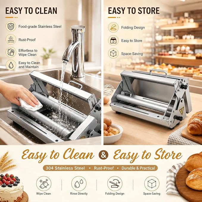 40.6"X22.8" Foldable Manual Dough Sheeter, Stainless Steel Dough Roller Machine with 0-25mm Adjustable Thickness, Pastry Sheeter for Pizza Dough, Croissant Dough, Bakery, Restaurant & Home Use