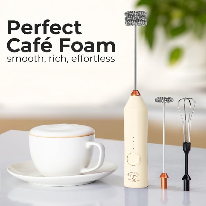 Zulay Kitchen Rechargeable Milk Frother Handheld - Frother Wand, Drink Mixer, Electric Whisk Frother, for Cappuccinos, Matcha & Protein Powder - Dynamic 3 Whisk, 3 Speed 500mAh Cream Gold
