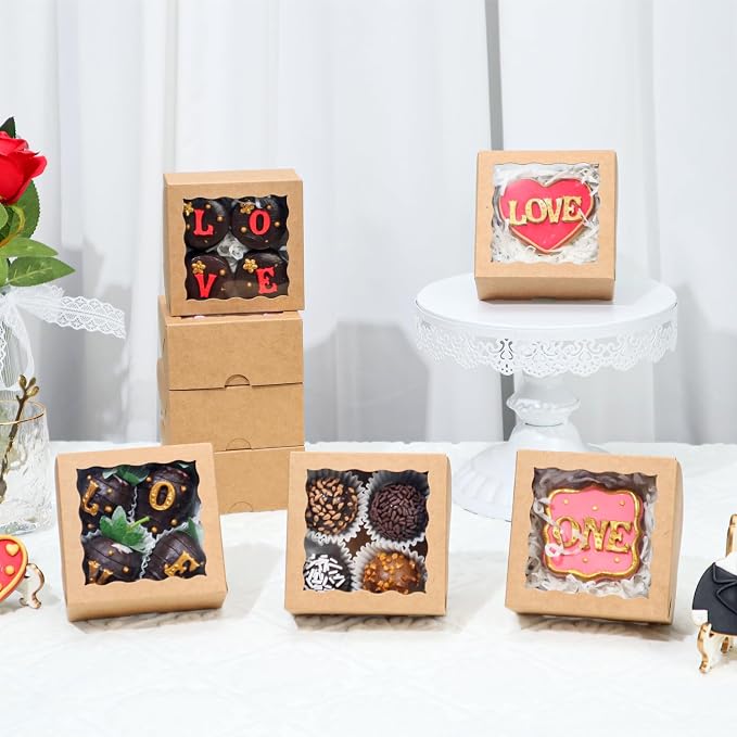 100-Pack 4x4x2 Inches Brown Bakery Boxes - Treat/Cookie/Truffle Boxes for Mini Cakes, Pies & Cinnamon Rolls - Wedding Party Favor Packaging