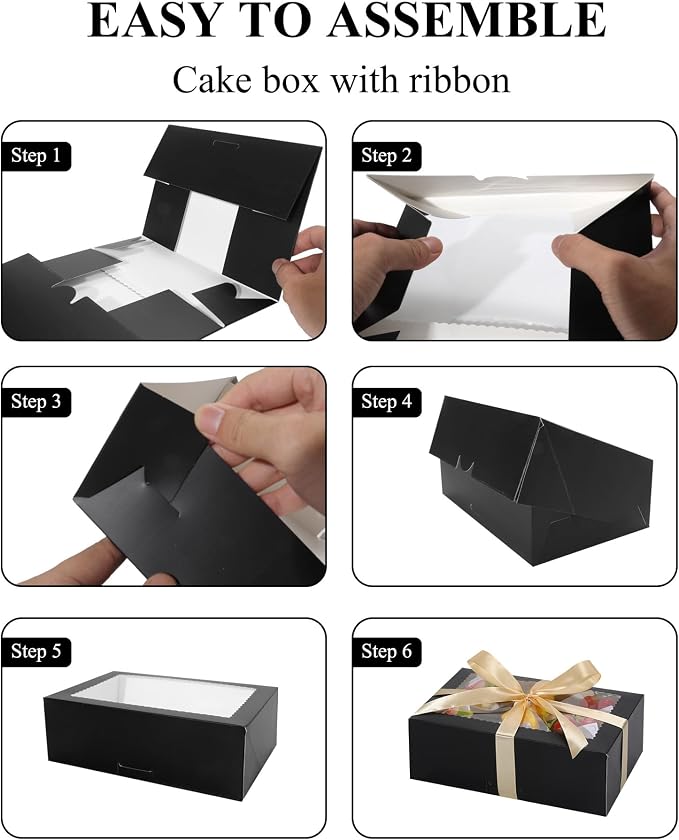COTOPHER 50Pcs Cookie Boxes with Ribbons, 9x6x3 Inch Bakery Boxes with Window, Black Treat Containers for Pastries, Chocolate Covered Strawberries, Dessert, Easter Candy, Muffins, Donuts