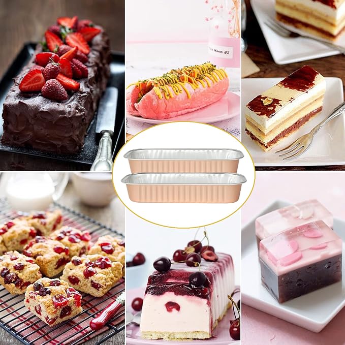Disposable Mini Cake Pans with Lids 50 Pack,LNYZQUS 6.8oz Rectangle Baking Cups Muffin Tins, Aluminum Foil Baking Tins Mini Loaf Baking Pans Holders-Champagne