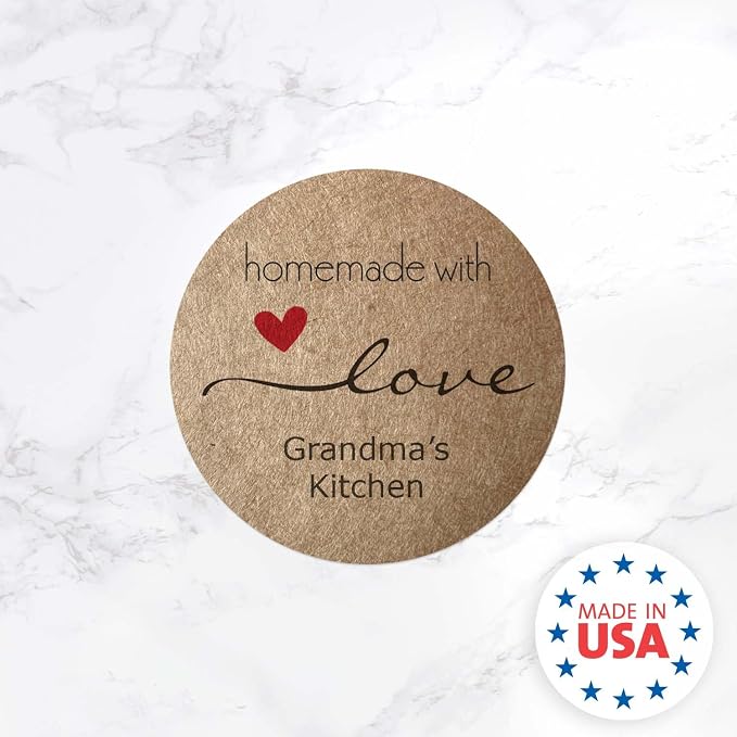 Personalized 1.5" Round Brown Kraft Homemade with Love Stickers / 500 Custom Circle Made with Love Canning Labels Roll/Made in The USA