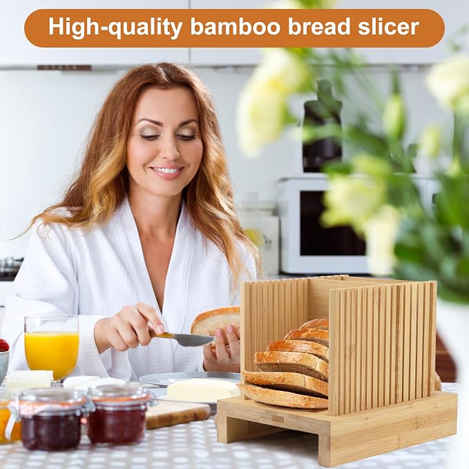 Bamboo Bread Slicer for Homemade Bread, Adjustable Width Bread Slicing Guides with Sturdy Wooden Cutting Board, Compact and Foldable - Makes Cutting Bagels or Even Bread Slices Easy, medium