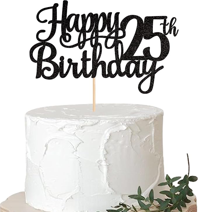 1 PCS Happy 25th Birthday Cake Topper Glitter Cheers to 25 Years Birthday Cake Pick 25 Fabulous Cake Decoration for Happy 25th Birthday Theme Party Decorations Supplies Black