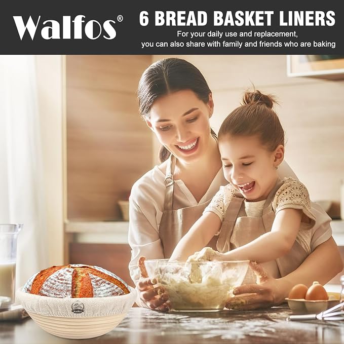 WALFOS Bread Basket Liner Cloth, 6 Packs 10 inch round bread proofing basket cloth liner, Baking Dough Basket Cover Natural Rattan Banneton Proofing Cloth