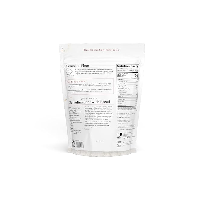 King Arthur Premium Semolina Flour:Coarse Ground,High Protein Durum Wheat for Perfect Pasta,Pizza,and Bread Making-Kosher,3 lbs Resealable Bag, USA-Grown Wheat, Versatile Baking Ingredient (Pack of 2)