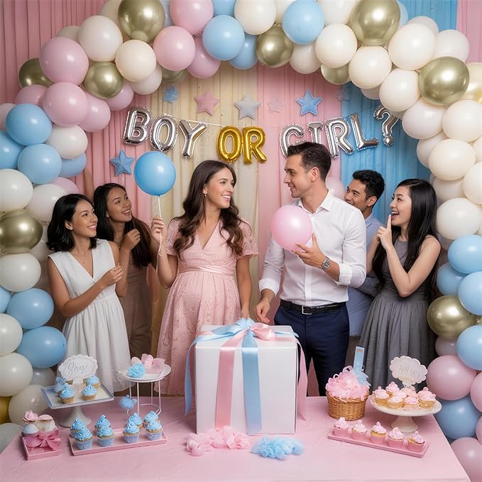 Gender Reveal Balloon Arch Kit, 100 PCS Dusty Pink Blue Balloons, Metallic Gold Sand White Balloons for Boy or Girl Gender Reveal Boho Birthday Wedding Baby Shower Bridal Bear Theme Party Decorations