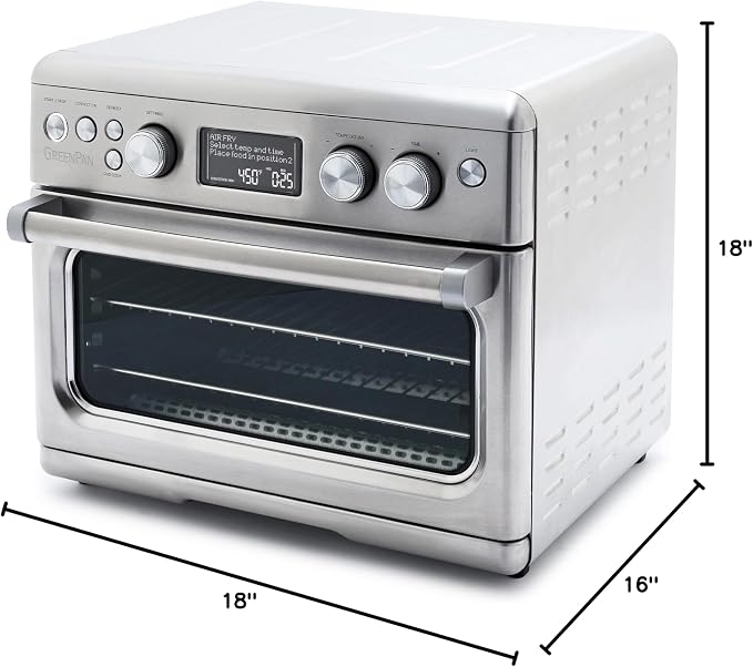 GreenPan 13-in-1 Elite Countertop Convection Oven and Air Fryer, PFOA and PFAS-Free Ceramic Tray and Pizza Pan, Adjustable Racks, Multifunction Presets, Toaster, Bake Broil Roast, Stainless Steel