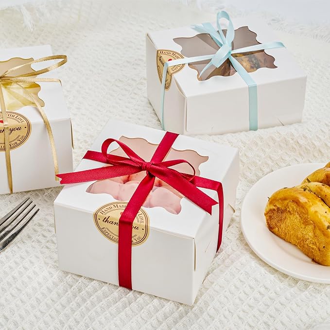 Homrelaxy 30pcs White Cookie Boxes with Window, 4x4x2.5 Inches Small Bakery Boxes with Stickers, for Mini Cake, Macaroon, Cupcakes, Treat Dessert, Candy, Donuts, Cookies, Strawberries, Chocolate