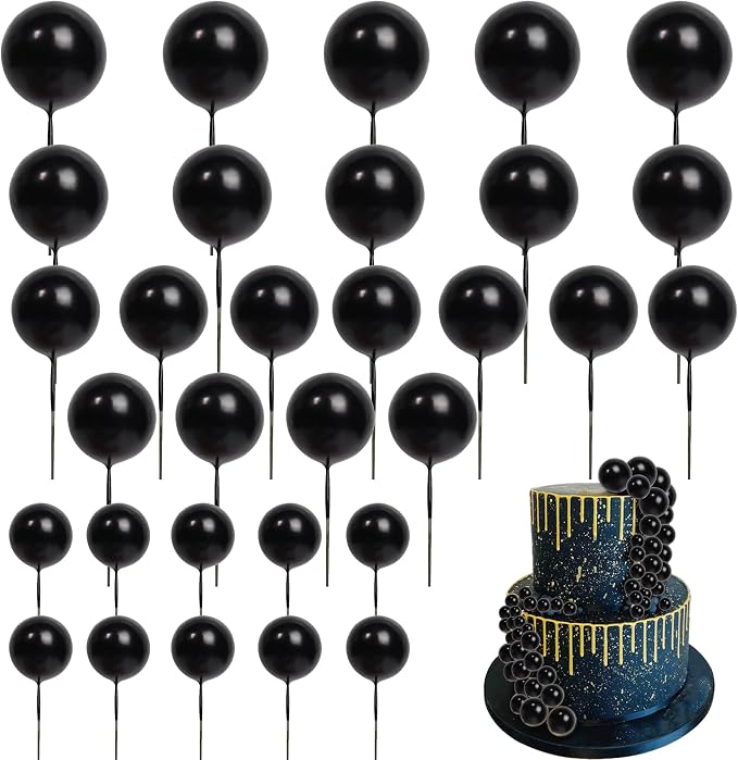 24 PCS Ball Cake Toppers Balls Cupcake Toppers Foam Ball Shaped Cake Picks DIY Balloons Cake Insert Topper for Wedding Enagement Baby Shower Birthday Party Cake Decorations Supplies Black