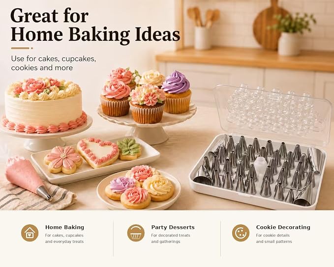 55 Pcs Piping Tips Set with Storage Case, Stainless Steel Icing Nozzles for Cake Decorating, 48 Small and 4 Large Frosting Tips, 1 Coupler, 2 Flower Nails for Cupcakes, Cookies, Desserts