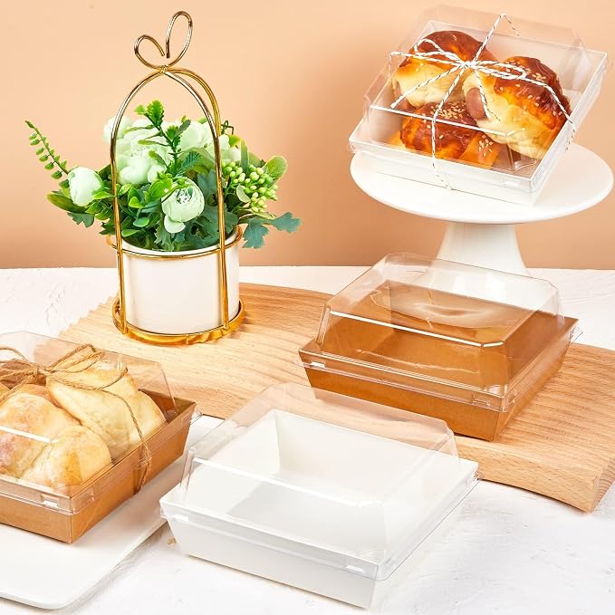 ZORRITA Paper Charcuterie Boxes with Clear Lids, 50 Pack, 5 Inch, White | Square To Go Dessert Containers, Small Bakery Boxes, For Cake, Cookies, Sandwich, Strawberries