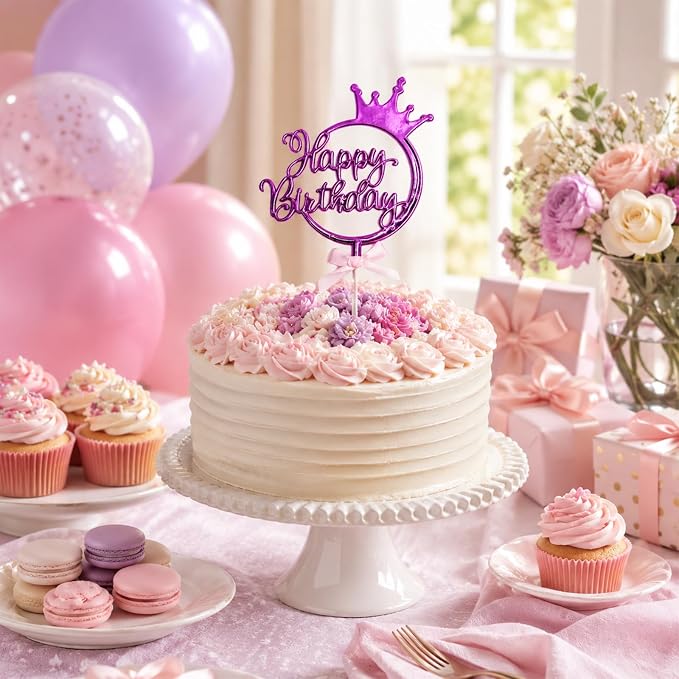 Purple Acrylic Happy Birthday Cake Topper with Crown and Bow | Glossy Pueple acrylic script with crown and bow adds an elegant finishing touch to birthday cakes and celebration desserts.