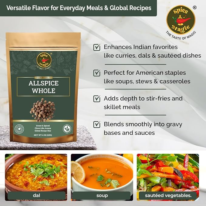 Spice Magic Allspice Whole, 4 oz (113g) - Premium Whole Jamaican Pimento Berries for Savory and Sweet Dishes I 100% Natural, Non-GMO & Freshly packed, ideal for both savory and sweet dishes.