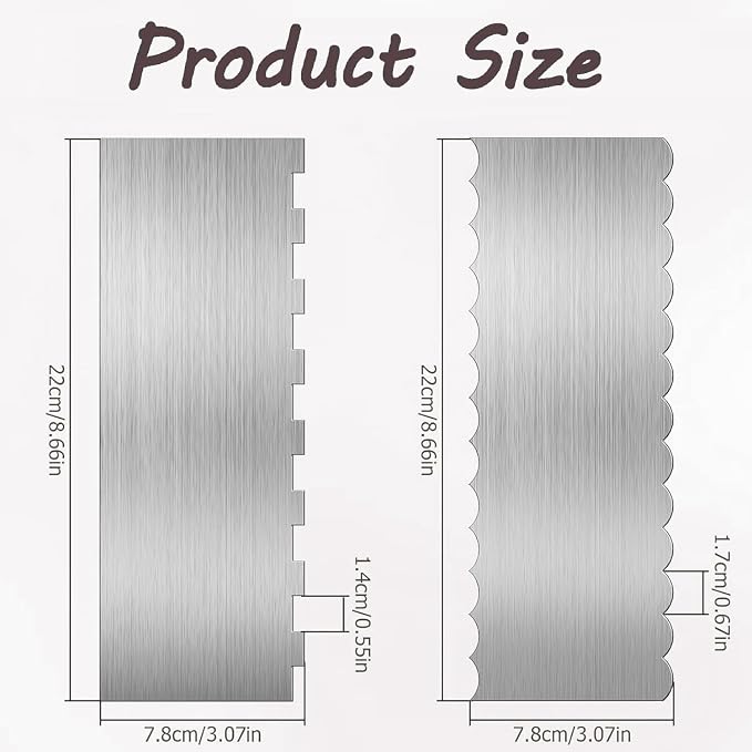 8.5 Inch Stainless Steel Cake Scraper Metal Cake Smoother Contour Double Sided Patterned Stripe Tool Pastry Cutter Leveler for Shapes of Mousse Butter Cream Cake Edges Decoration (Scraper 1#)