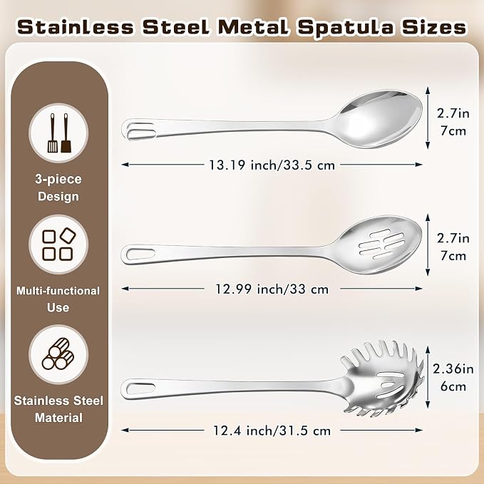 3 Pcs Stainless Steel Cooking Utensils Set, Heat Resistant Kitchen Utensils, Metal Kitchen Tools Include Solid & Slotted Spoon, Pasta Server, Ergonomic Handle, Dishwasher Safe, Easy to Clean, Silver