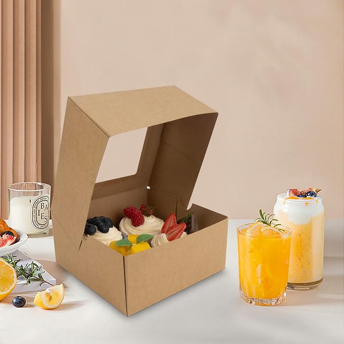 Jotique Cupcake Boxes with Window, 30 Sets 6x6x3 Inch Kraft Paper Bakery Boxes for Cookies and Muffins, Sturdy Disposable Treat Boxes for Pastry, Baked Goods, Gift Giving, Mother's Day