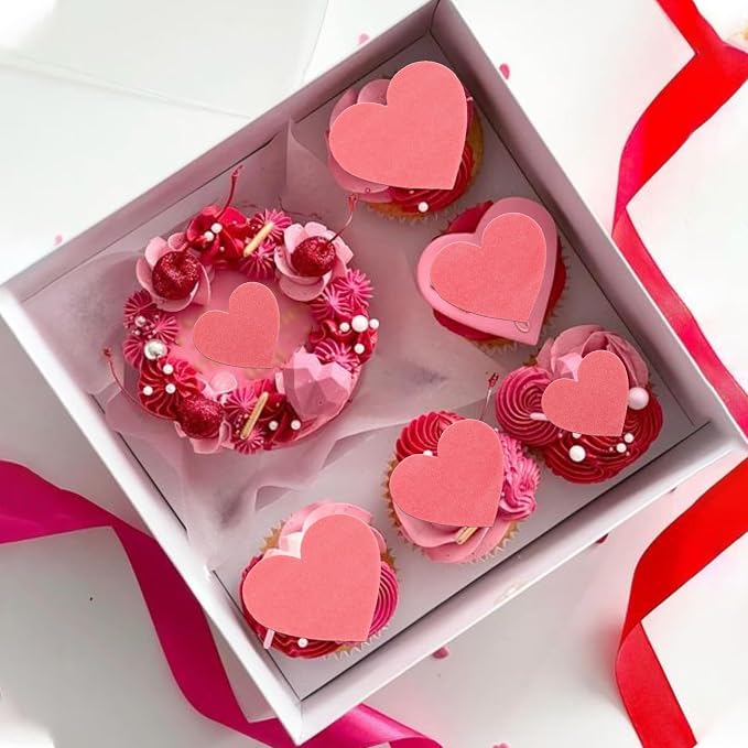 60 PCS Edible Heart Cupcake Toppers Wafer Paper Sweet Love Heart Cake Decorations Edible Valentine's Day Cupcake Picks for Wedding Engagement Bridal Shower Birthday Valentine's Day Party Supplies Pink