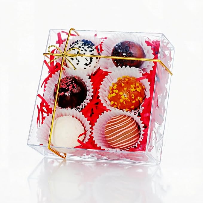 RomanticBaking 25PCS 5x5x2 Inches Full Clear Cookies & Cake Boxes - Strawberries, Chocolate, Cinnamon Roll & Mini Cake Boxes