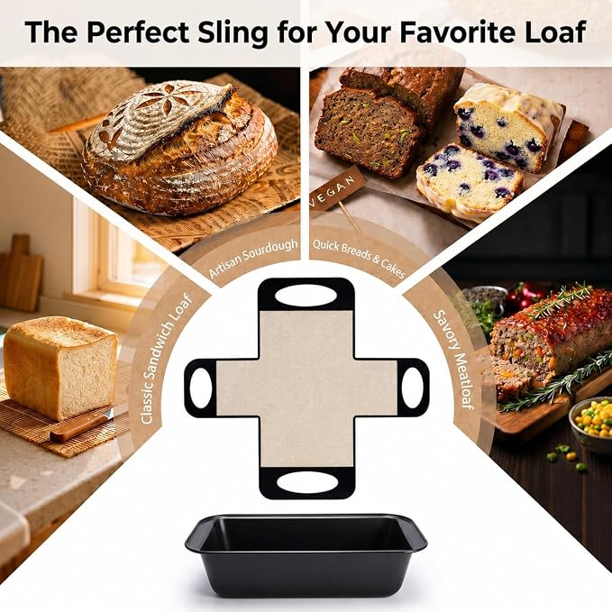 9x5 Loaf Pans for Baking Bread, 2-Pack Bread Loaf Pan Set with Silicone Bread Sling Liners, Nonstick Loaf Liners for Sourdough, Banana Bread, Homemade Bread
