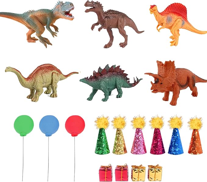 Dinosaur Cake Toppers with Mini Birthday Party Hat Color Balls Cake Decorations for Dinosaur Themed Baby Shower Birthday Party Supplies (Dinosaur)