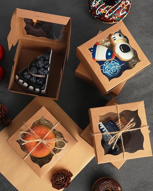 qiqee 400Pcs Brown Bakery Box with Window 4"x4"x2.5" Macaron Boxes Small Donut Pastry Boxes for Party Mini Cookie Boxes