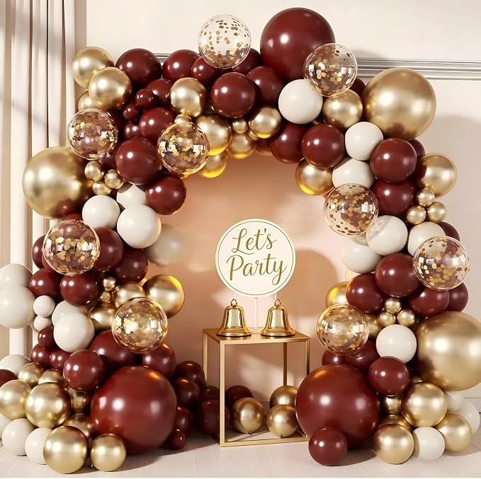 Burgundy Balloon Garland Arch Kit 143Pcs Burgundy Maroon Sand White Metallic Gold Confetti Balloons for Wedding Birdal Shower Graduation Birthday Party Decorations