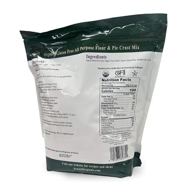 Arnel’s Originals Organic Gluten Free All Purpose Flour & Pie Crust Mix – 1:1 Substitute Baking Mix – Non-GMO, Vegan, Kosher – Ideal for Flaky Pie Crusts, Cookies, Muffins, and Biscuits (5 lb)