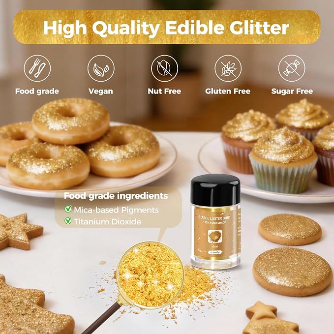 CRPTHE Gold Luster Dust Edible 5g, Edible Glitter for Drinks, Food Grade Glitter Shimmer Sprinkle Powder for Cocktails, Baking, Beverages, Cakes, Strawberries, Cookies, Fondant, Vegan
