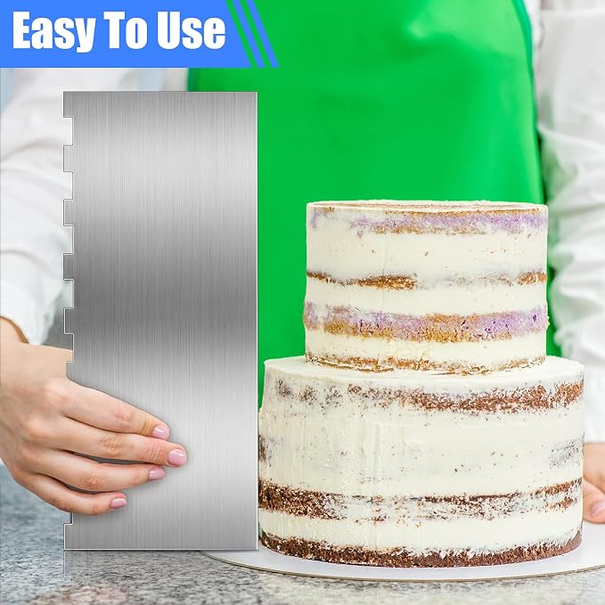 Geiserailie 4 Pieces Stainless Steel Cake Ice Scraper Metal Smoother Large Double Sided Patterned Edge Stripe 9 Inch Metal Cake Decorating Comb for Icing Mousse Butter Cream Decoration, 4 Styles