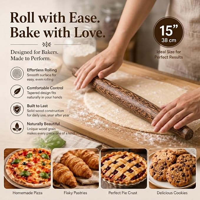 15.75 Inch French Rolling Pin ā Smooth & Balanced Wooden Dough Roller for Baking and Pastry, Distinctive Feathered Grain Beauty