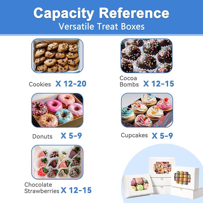 6 Pcs Bakery Boxes 8-In with Windows, Cookie Boxes White for Chocolate Covered Strawberries, Treats, Donuts, Cupcakes, and Candy Gift Giving 8x6x2.5 Inch