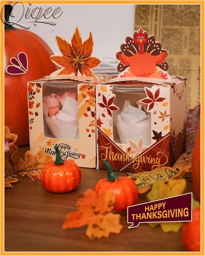 qiqee Thanksgiving Individual Cupcake Boxes Cupcake Holders Disposable 60pcs Single Cupcake Boxes with Window 3.7x3.7x4.5 inch Cupcake Containers For Thanksgiving
