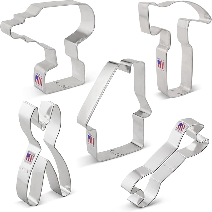 Ann Clark Father’s Day 5-Pc. Construction Tools Cookie Cutter Set, Made in USA, Cordless Drill, Hammer, Wrench, Pliers and House