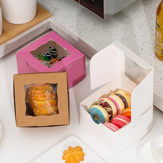100Pcs Paper Cookie Boxes With Window Small Bakery Boxes 4x4x2.5 Inches Mini Cake Boxes For Pastries,Cupcakes,Desserts,Donuts,Chocolate Strawberries,Candy,Treat Boxes(4 * 4 * 2.5,Pink)