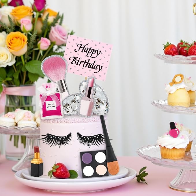 12PCS Makeup Cake Topper Makeup Cake Decorations with Lipstick Eye Shadow Makeup Brush for Girl Women Salon Birthday Party Decor Spa Party Supplies Make up Themed Party Decor Bachelorette