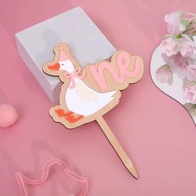 Wooden One Silly Goose 1st Birthday Cake Topper - Silly Goose First Birthday Decorations,Baby Girl 1st Party Decor (pink1)