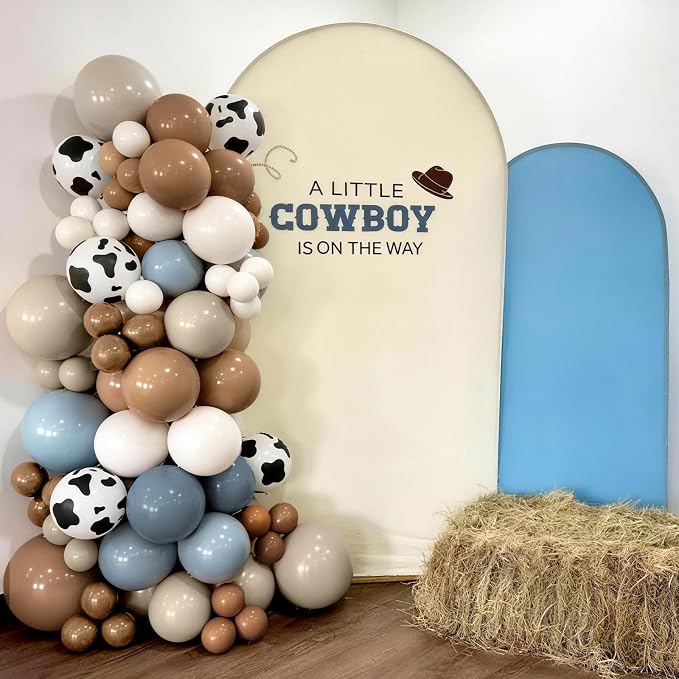 Cowboy Western Balloon Arch Kit, Dusty Blue Brown Double Stuffed Sand White Balloon Garland with Cow Print Balloons for Boys Western Cowboy Theme Birthday First Rodeo Baby Boy Shower Party Decorations
