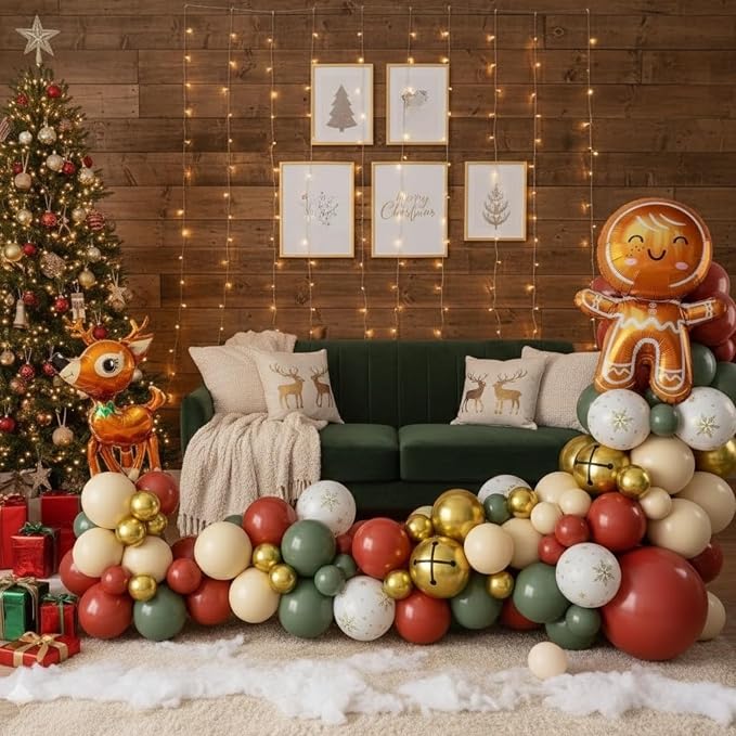 Christmas Balloon Arch Kit, Green Retro Pink Orange Sage Green Metallic Gold Balloons with Santa Candy Lollipop Foil Balloons for Christmas Party Xmas Eve New Year Holiday Party Decorations