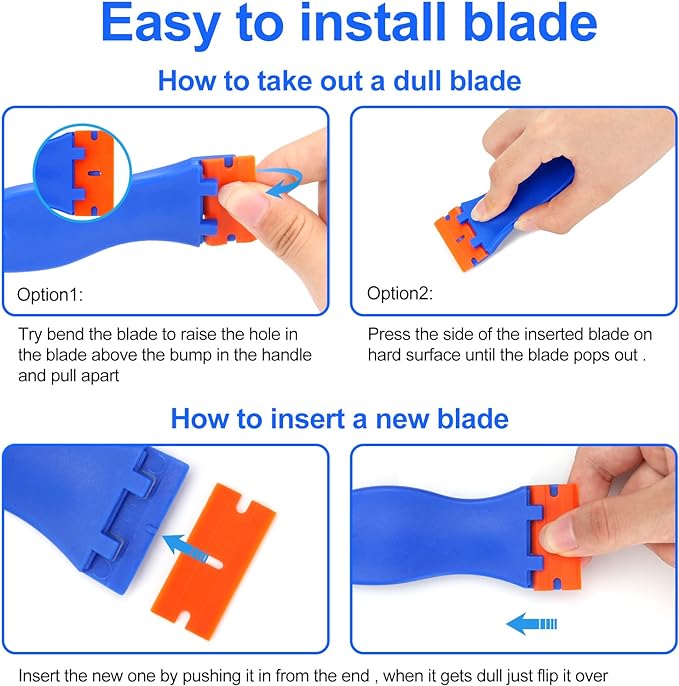 4 Pcs Plastic Razor Blade Scraper and 100 Pcs Blades, Remove Label Decal Tool, Forwithout Scratches Plastic Razor Blade Scraper, Adhesive Remover for Stickers, Gaskets and Paints on Window Car Glass